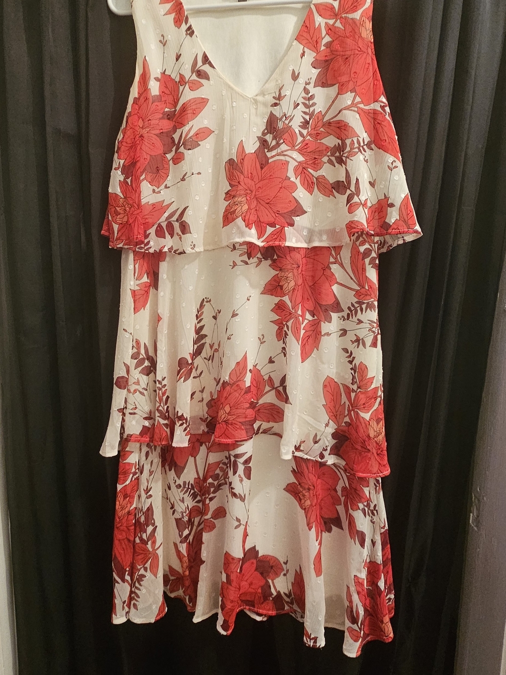Sleeveless Midi Dress with Red Floral Print on Cream